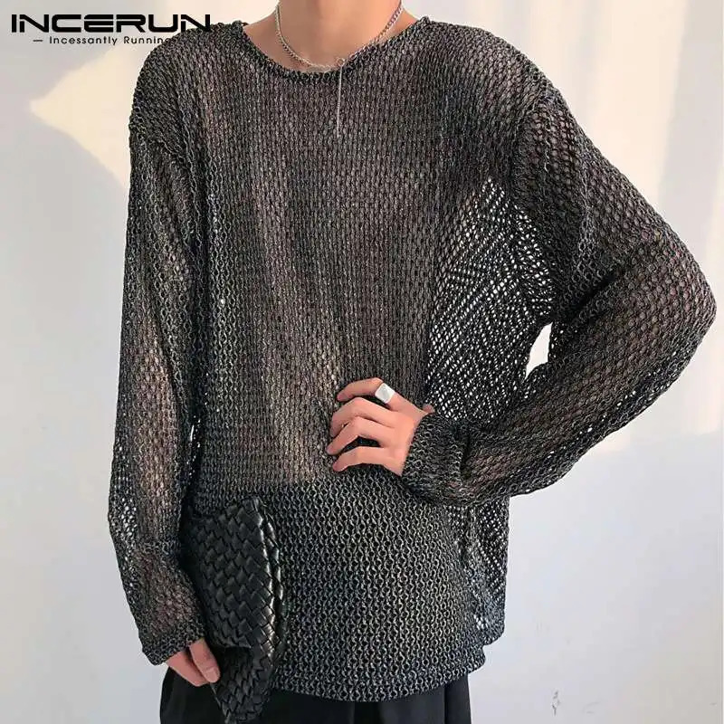 mens T-shirt O-neck mesh See Through long sleeved sexy streetwear casual Camisetas party nightclub T-shirt top mens S-5XL INCERUN 241112