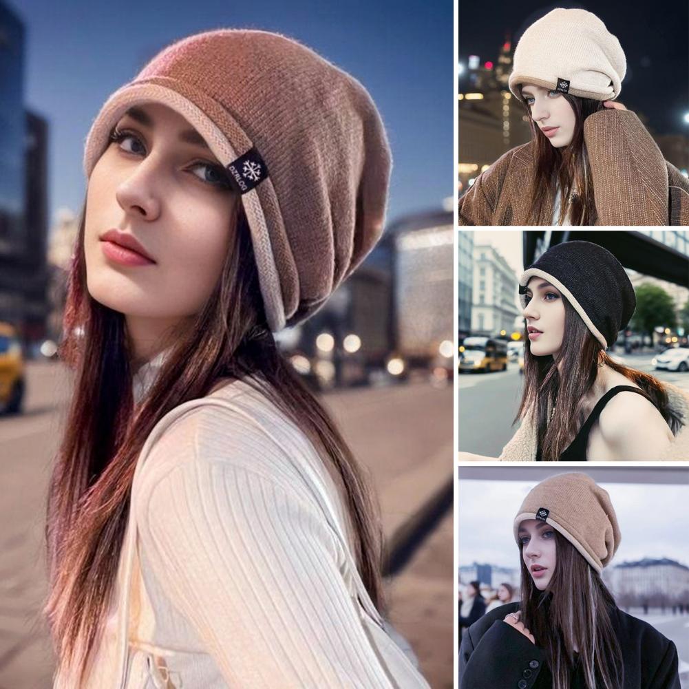 Women Knitted Elastic Thick Warm Winter Hat Soft Cold Resistant No Brim Beanie Baggy Lady Cap