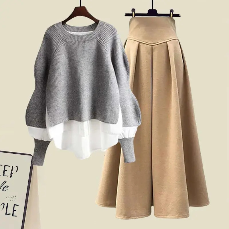 Splicing Knitted Sweater Pullover Ultra Thin Fit Half Sleeve Two Elegant Womens Dresses Winter Set 241112