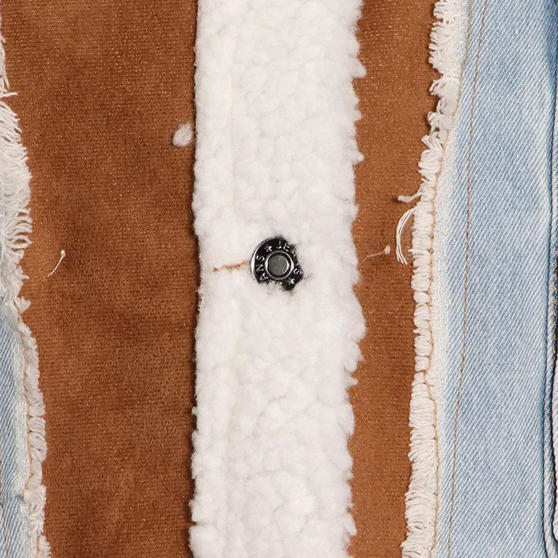 Blue denim cashmere splicing personalized single chest short jacket European and American trend 241112