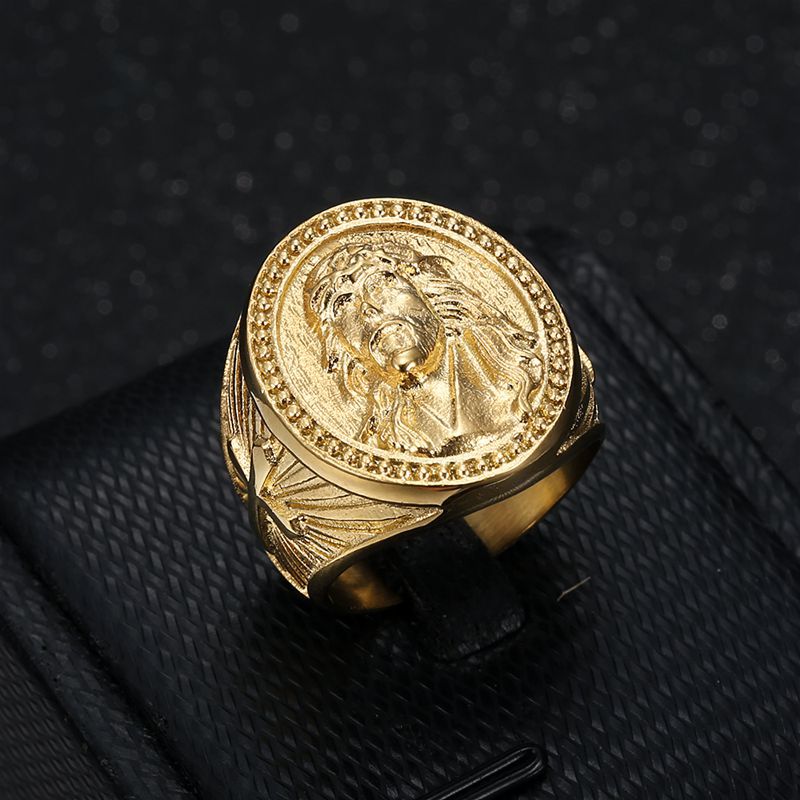 Hip Hop Jesus Face Casting Ring Vacuum Gold Plated Stainless Steel Mens Religious Jewelry