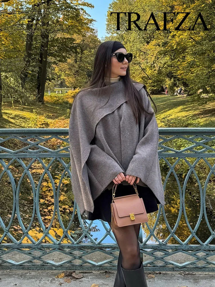 TRAFZA Female Elegant Spliced Cape Collar Woolen Coat Women Chic Long Sleeve Casual Jacket Fall Winter Loose Outerwear 241112