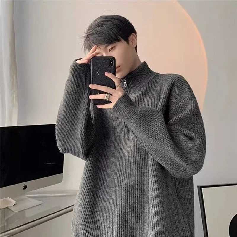 Autumn Turtleneck Half Zipper Sweater Mens New Y2K Retro Street Pulling Korean Fashion Solid Color Knitted Jersey Hombre W2411111