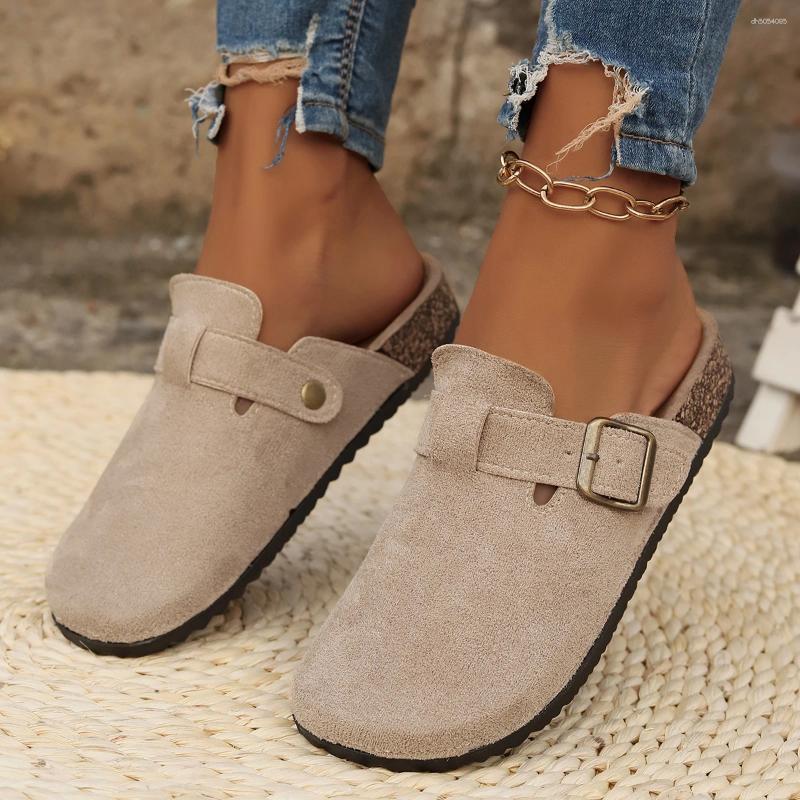 Slippers Women's Solid Color Flat Mules, Round Suede Clog Sandal,Casual Closed Toe Slip On Shoes, Comfortable Buckle Strap Design Shoes Fall Vint