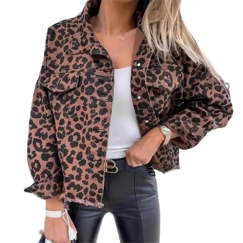 Fashion leopard print fringe hem jacket for womens casual jacket womens spring and autumn collar single breasted open denim jacket 241112