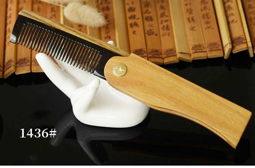 Natural Oxhorn Splicing Green Sandalwood Comb Wood Beard Comb Folding Comb W241112