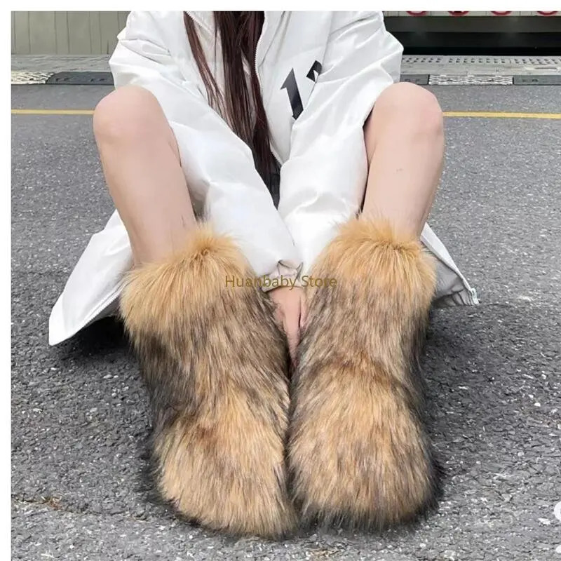 25 CM Womens Winter Boots Fluffy Faux Fox Fur Ladays Plush Warm Snow Boots Footwear Girl Furry Fur Bottes Fashion Shoes 241112