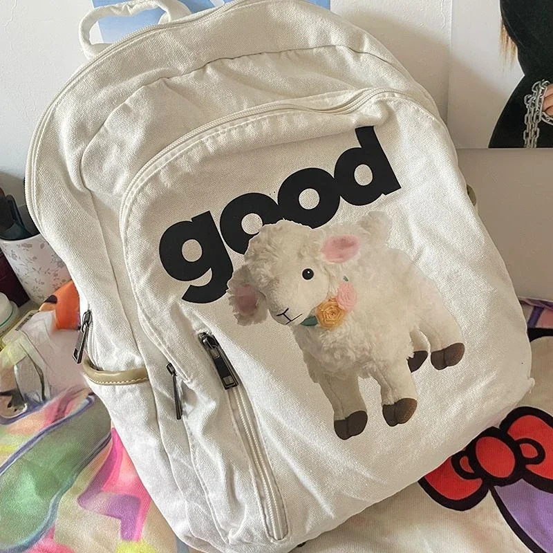 Cartoon Cute Sheep Printing School Bag Japanese Anime Preparatory Kawaii Backpack Y2k Aesthetics Harajuku High Capacity Canvas Bag 241111