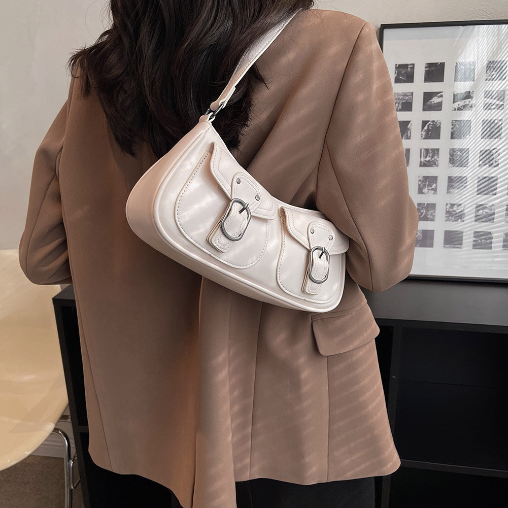 Women Fashion Shoulder Bag Double Pockets PU Leather Simple Underarm Bag Y2K Retro Commuting Bag Large Capacity Chic Hobo Bag