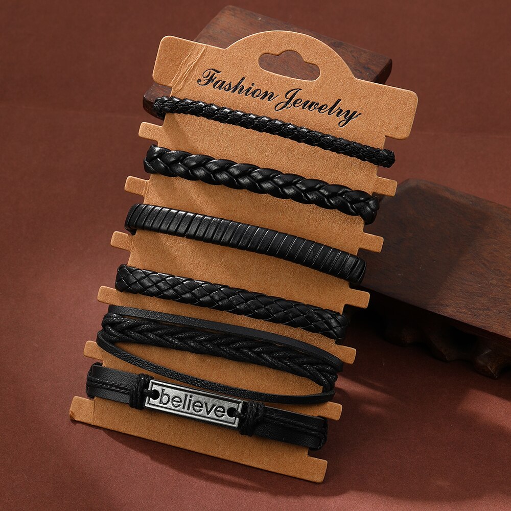 6PCS Set Men's Vintage Braided Cowhide Bracelet Multi-layer Leather Bracelet 08fe0 5 d8322