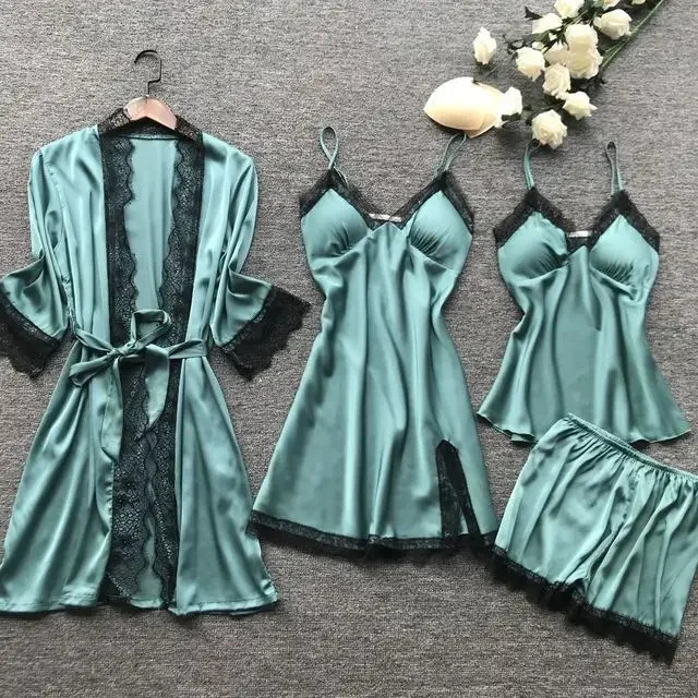 Womens Pajama Set Satin Pajama Silk 4-piece Evening Dress Strap Lace Sleep Lounge Pajama with Chest Mat 241112