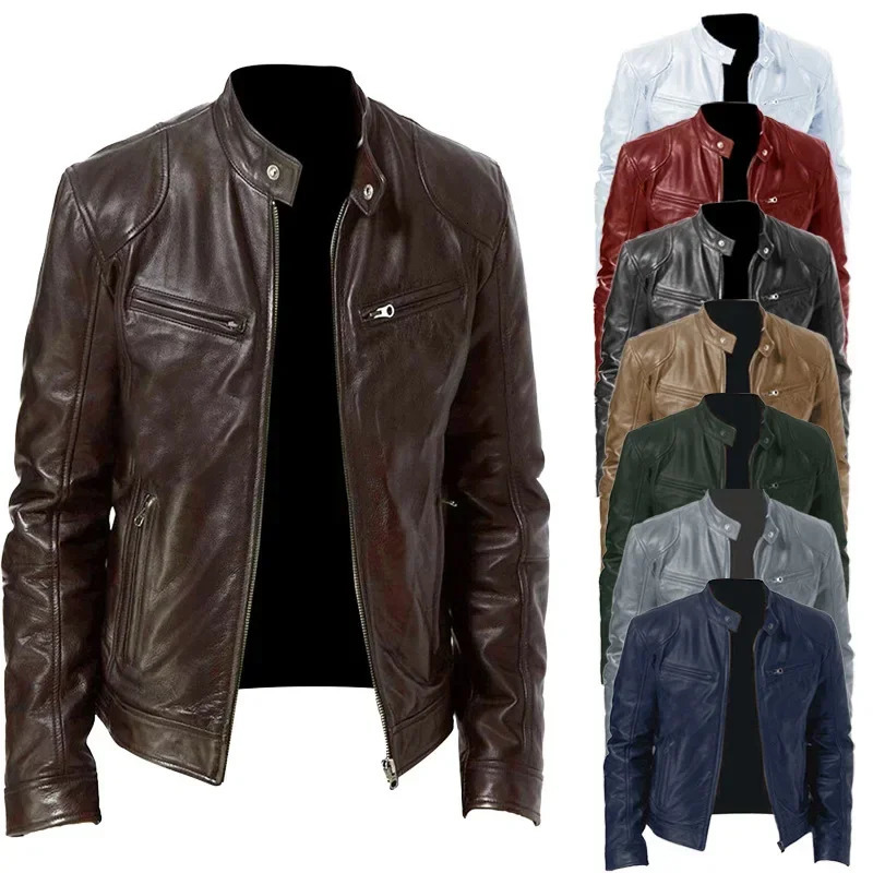 Mens Motorcycle Leather Jacket Slim Fit ShortCoat Lapel PU Jackets Autumn Zipper Stand Windproof Coat Clothing 241108