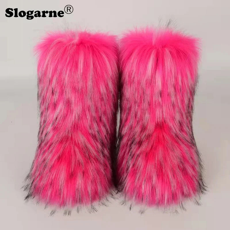 Womens Winter Fluffy Faux Fox Fur Boots Woman Plush Warm Snow Boots Footwear Girls Furry Fur Bottes Fashion Winter Shoe 241112