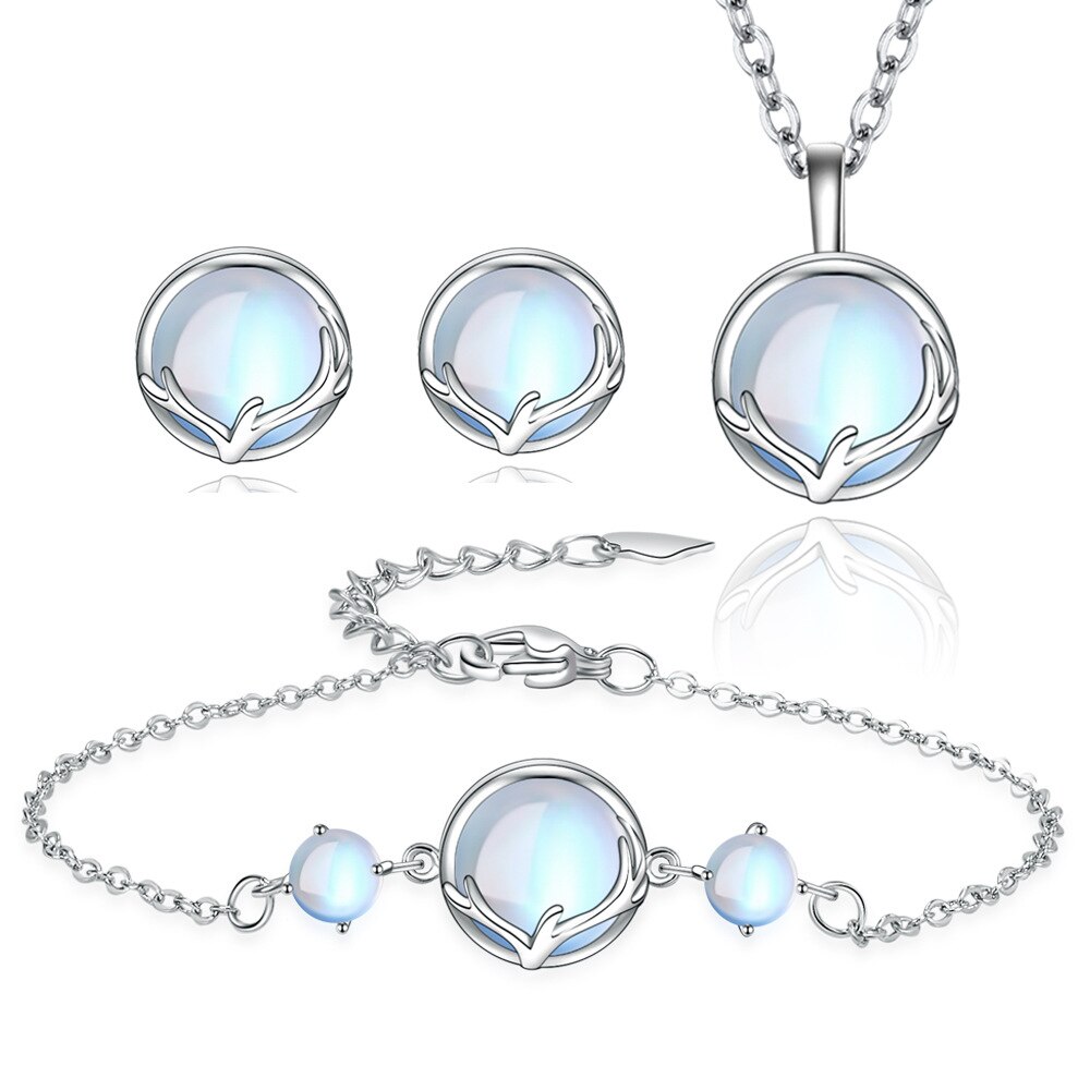 Moonstone Antler Stud Earrings Necklace Bracelet Jewelry Sets for Women Engagement Party Jewelry
