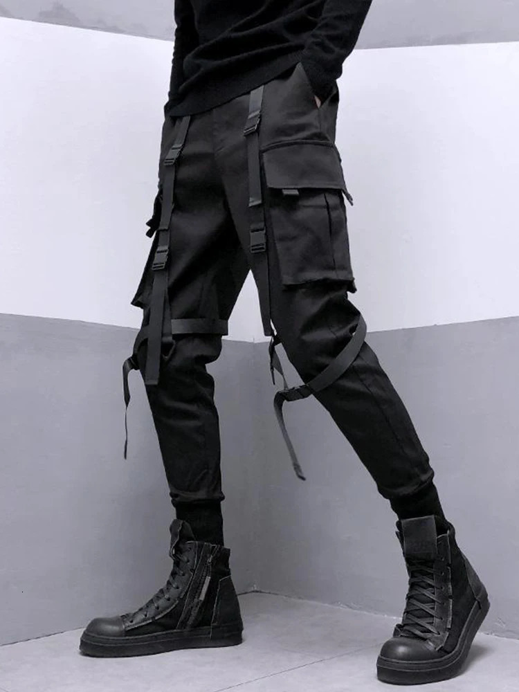 Spring Men Black Cargo Pants Ribbon Pocket Trousers Male Japanese Streetwear Hip Hop Harajuku Fashion Harem 241112