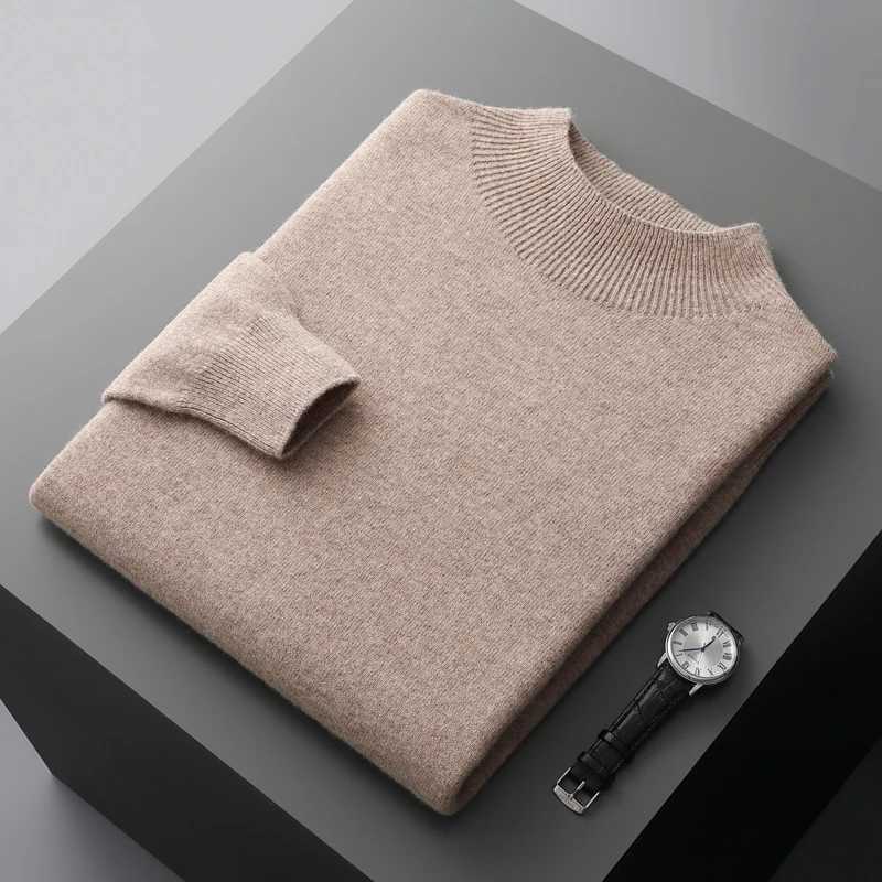 100% Merino wool mens sweater turtle neck knitted long sleeved mens zipper basic solid color casual mens top W2411111