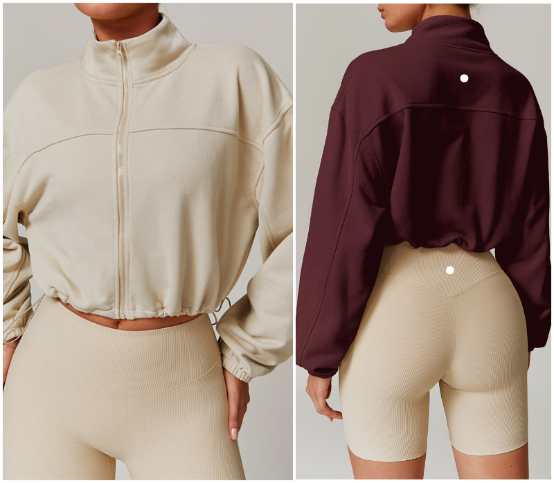 L8755 Womens Yoga Outfit Jackets Fitness Wear Tops Sweatshirt Sportswear Jackets Outdoor Casual Adult Long Sleeve Exercise Stand Collar Drawstring Pul