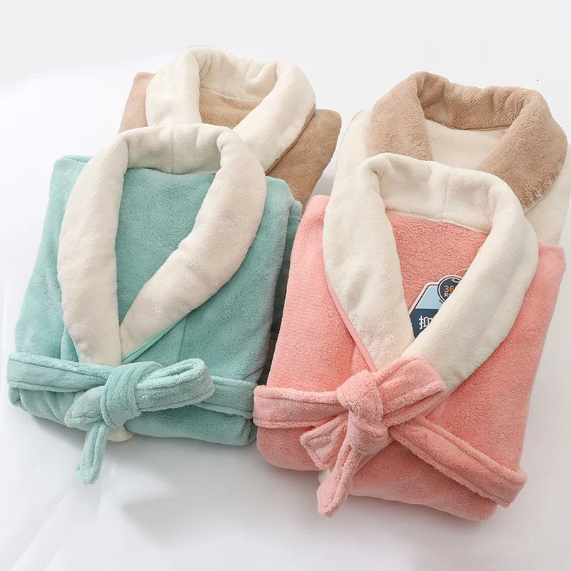 Winter Thicken Bathrobes for Kids Girls Flannel Warm Nightgown Teens Boys Bathing Robe Solid Color Night Robe Baby Dressing Gown 241112