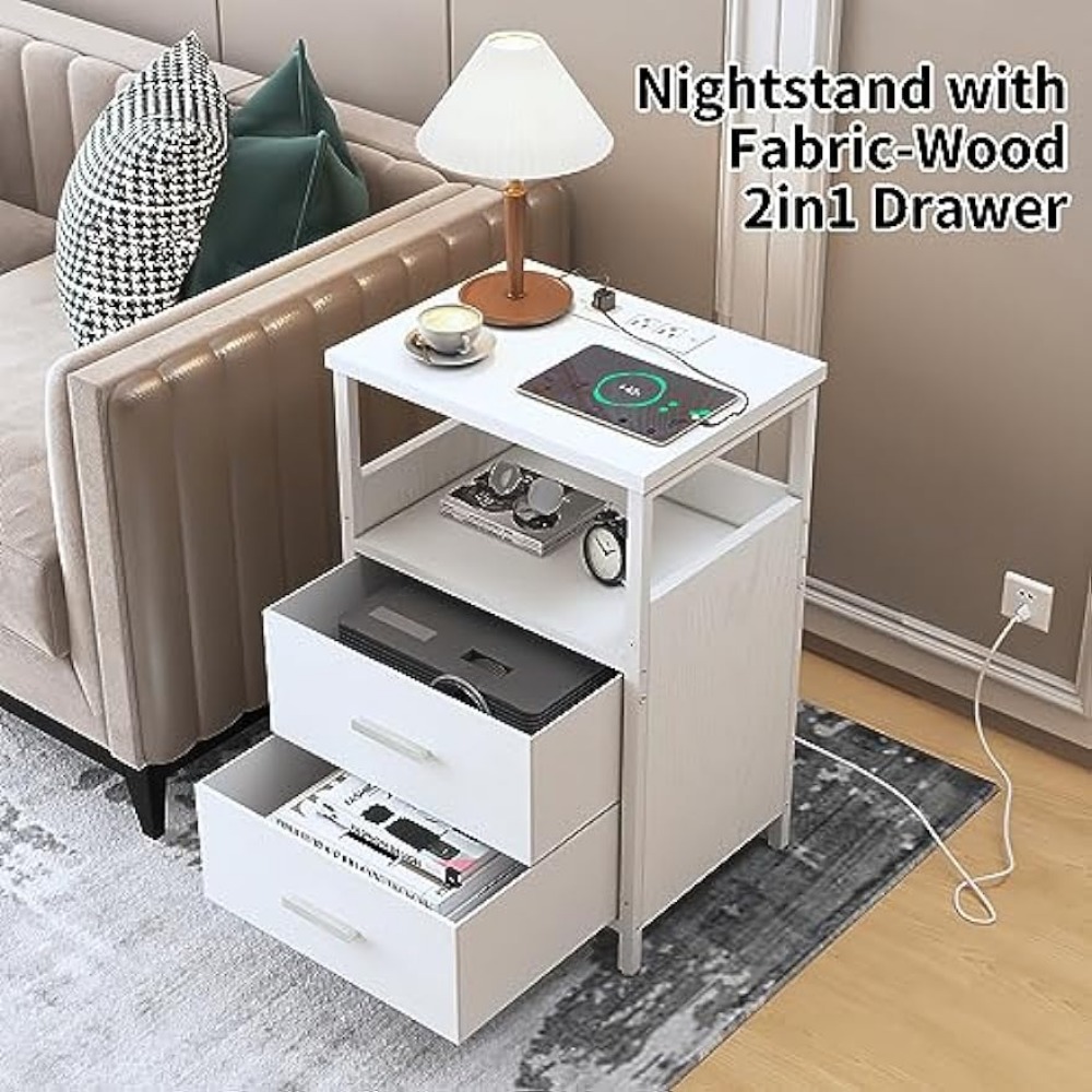 KHLJJU Nightstand with Charging Station,Side Table for Small Spaces, White Bedside Tables with Outlets for Living Room