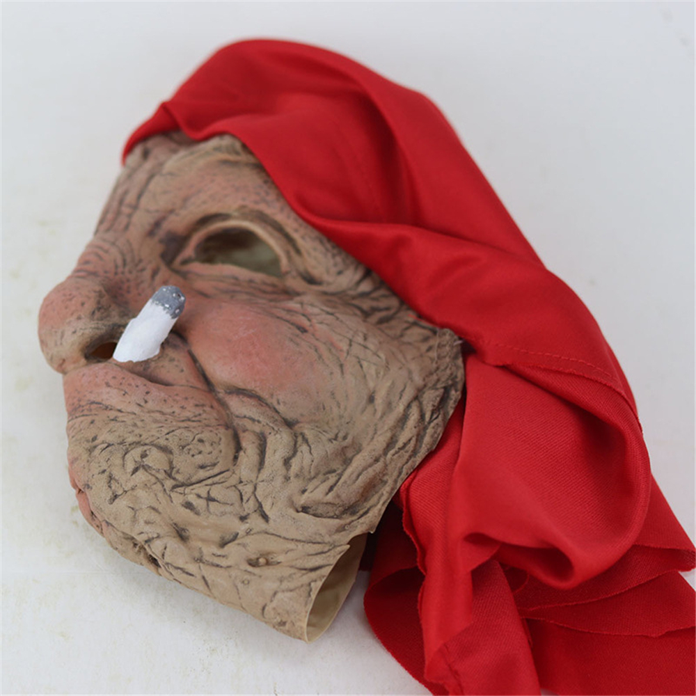 Funny Smoking Granny Old Nana Latex Mask Cosplay Lady Grandma With Wrinkled Face and Red Scarf Halloween Party Costume Accessor b7311