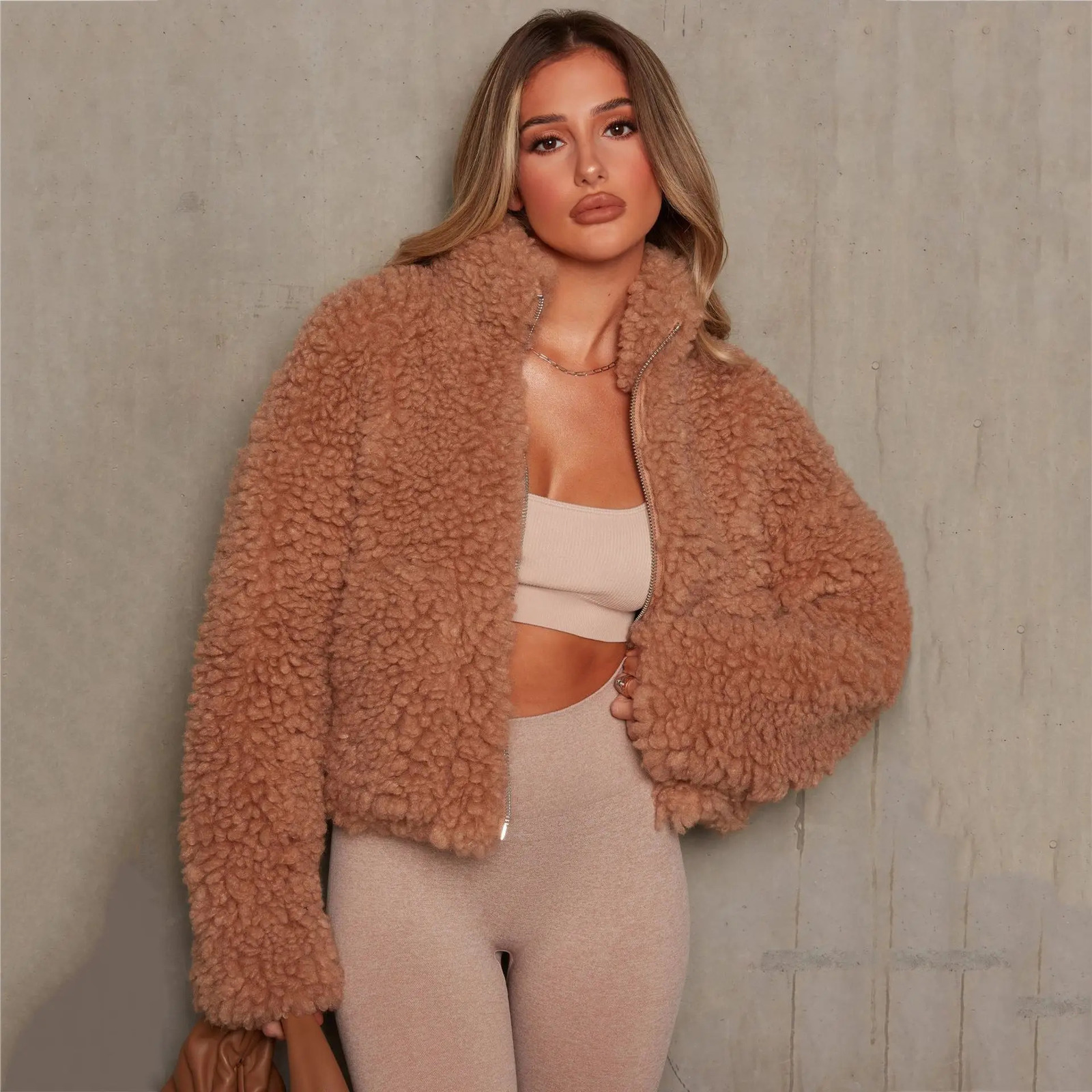 Chic Faux Lambswools Teddy Jacket Plush Bomber Jacket Plush Bracket Necklace Velvet Open Collar Woolen Sweater Jacket Zipper Fluffy Park Top 241112