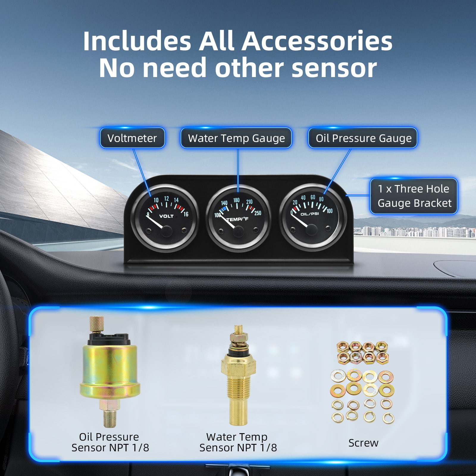 52MM 3 In 1 Pressure + water temp gauge Kit Volt meter with sensor Oil Temperature Gauge Triple Meter