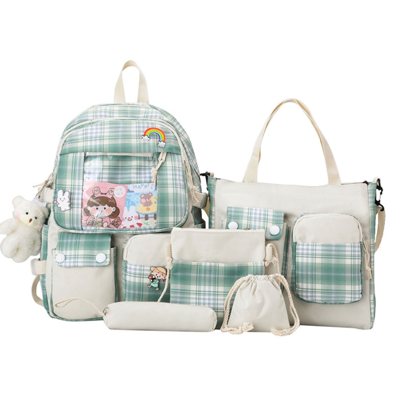 5pcs Plaid Backpack School Student Bookbags Casual Daypack Handbag Shoulder Drawstring Bag Pencil for Case Set for Girls Women e8dd8
