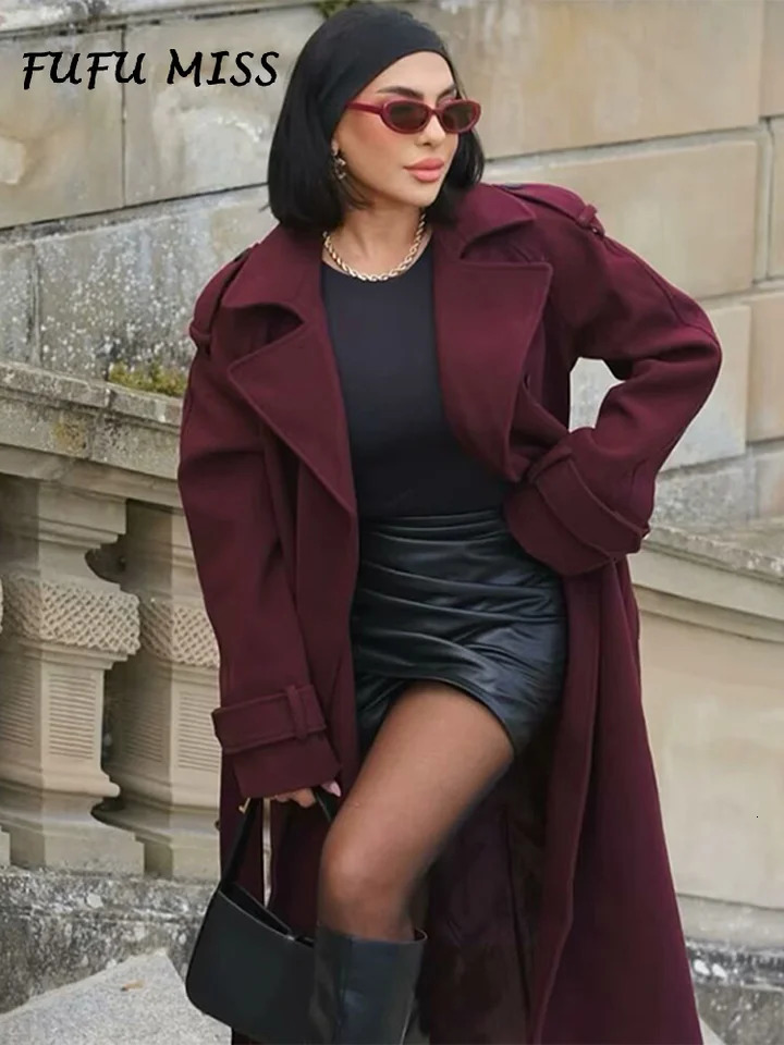 Burgundy Woolen Lapel Lace Up Overcoat For Women Full Sleeve Double Breasted Loose Long Coats 2024 Autumn Winter Lady Outwear 241112