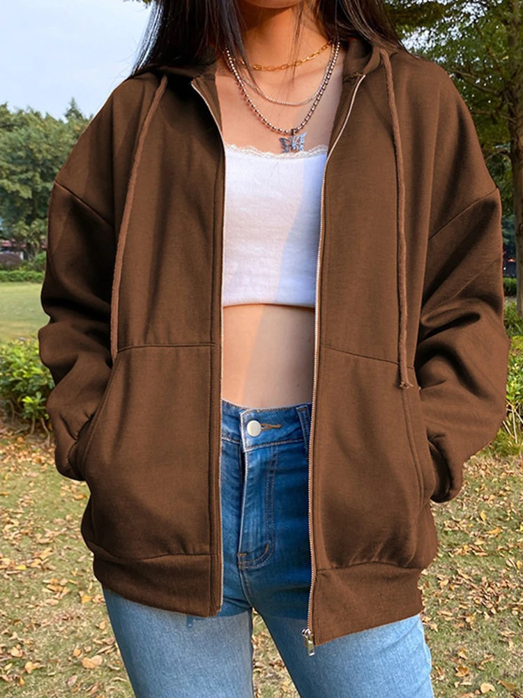 Zipper Hooded Drawstring Long Sleeve Womens Hoodies Solid Color Stylish Comfy Sweatshirt Autumn Black White Female Tops 241112