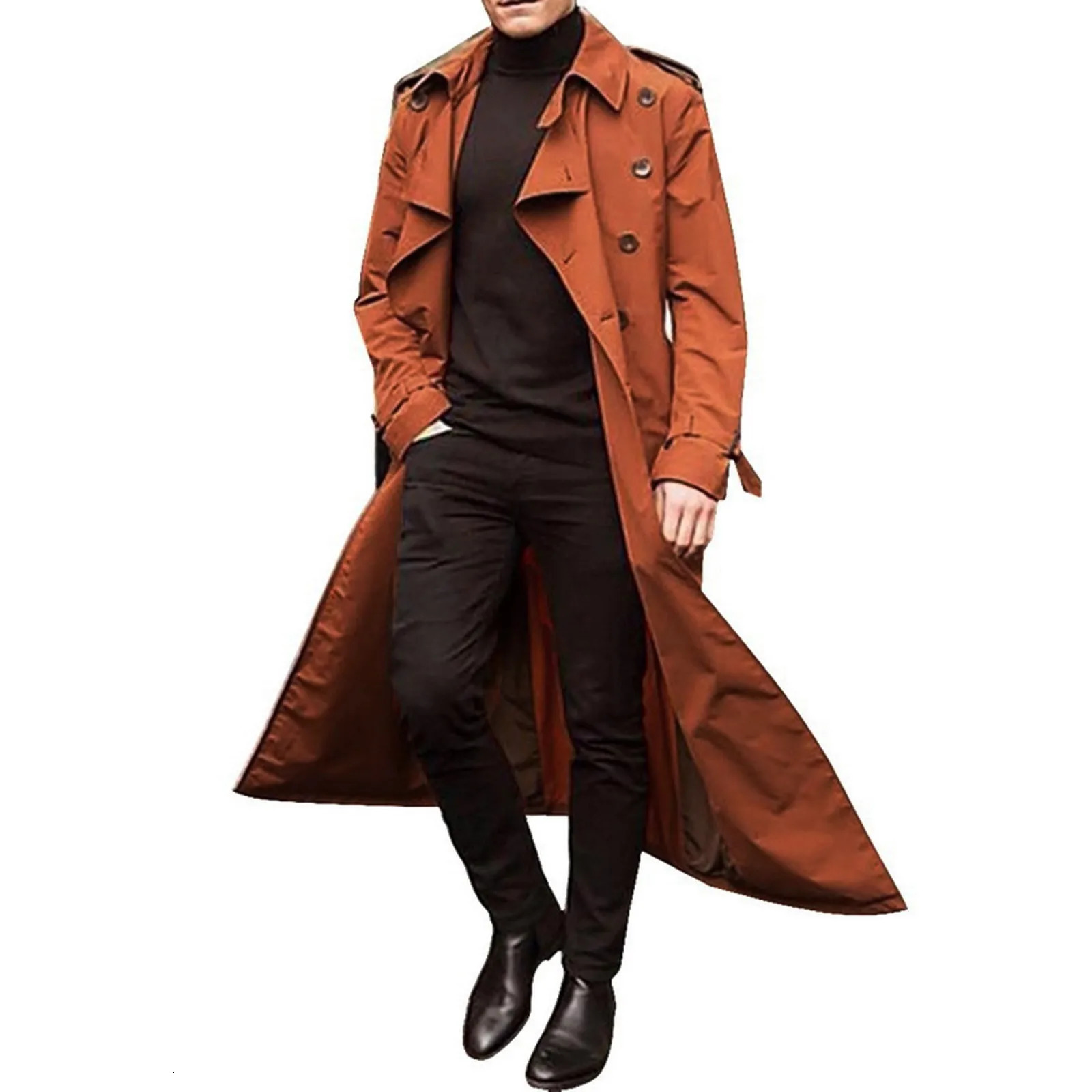 MenS Windbreaker Spring Autumn Long-Slevee Extra Long Trench Coat Classic Trend Double Breasted Solid Color Temperament Trench 241112