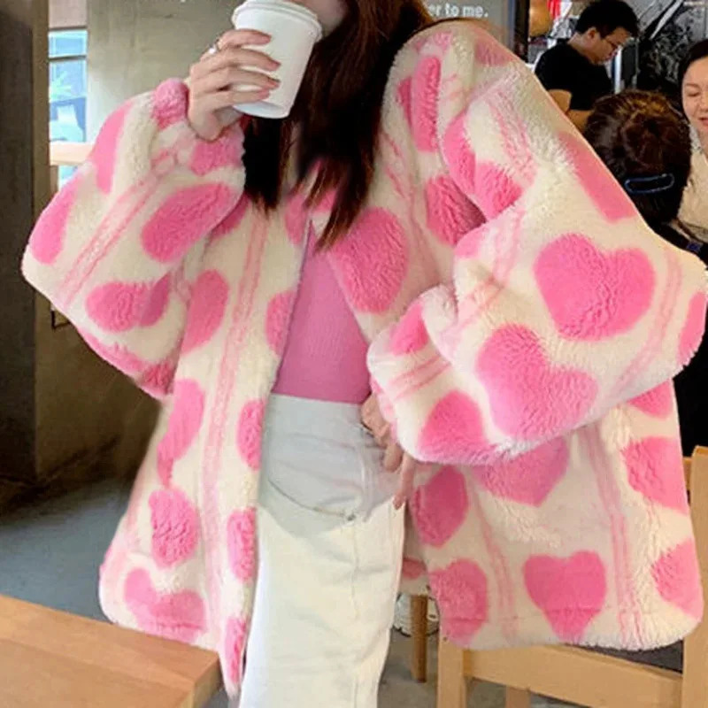 Winter Japanese Coats Korean Fashion Kawaii Lambswool Coats Pink Heart Shaped Womens Artificial Fur Teddy Jacket Coat Womens Coat 241112