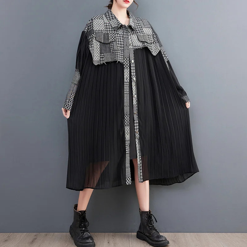 #2178 Spring Pleated Long Shirt Dress Women Denim Spliced Chiffon Sleeve Loose Vintage Midi Female Button 240329