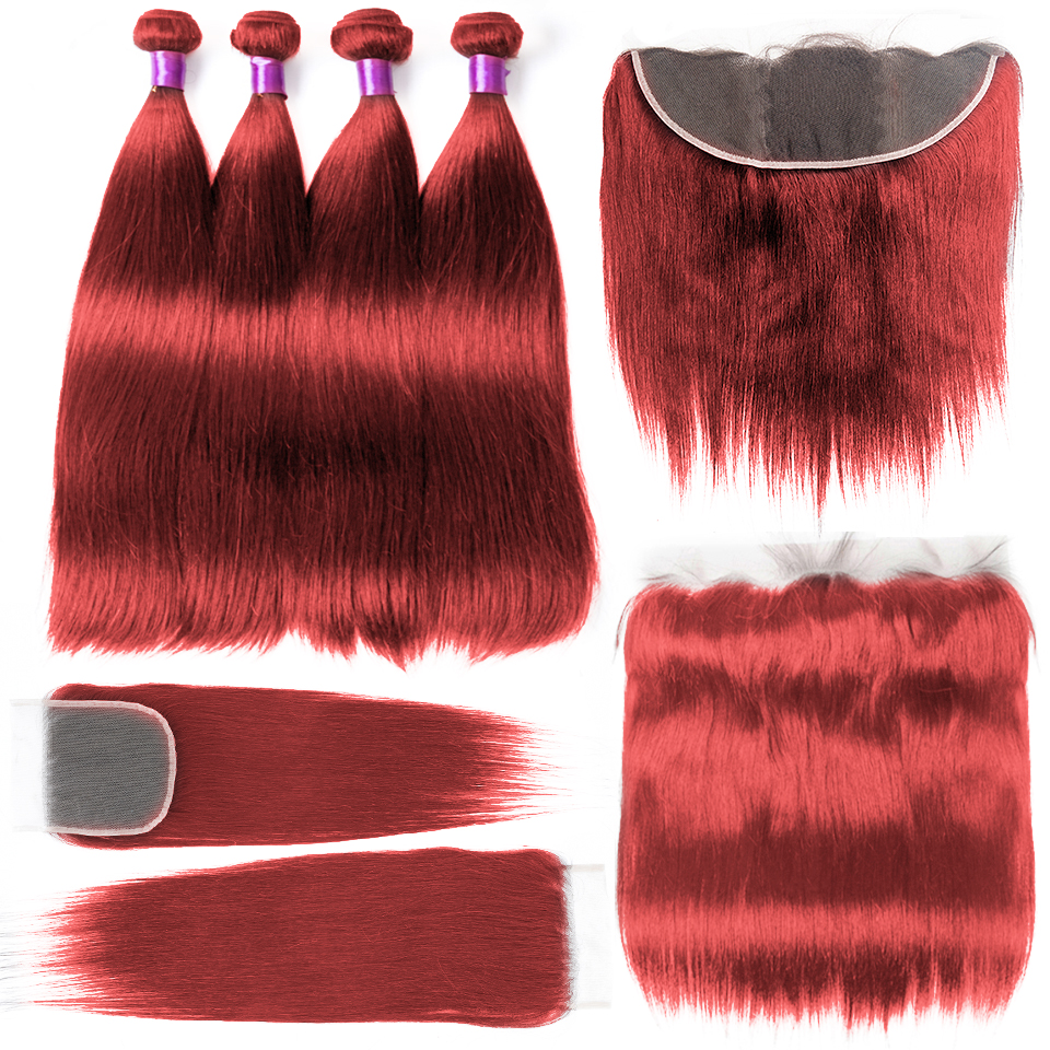 Hot Red Ombre Colored Bone Straight Human Hair Bundles With HD Lace Frontal Closure With 3 4 Bundles Bundle Hair Weave Extension