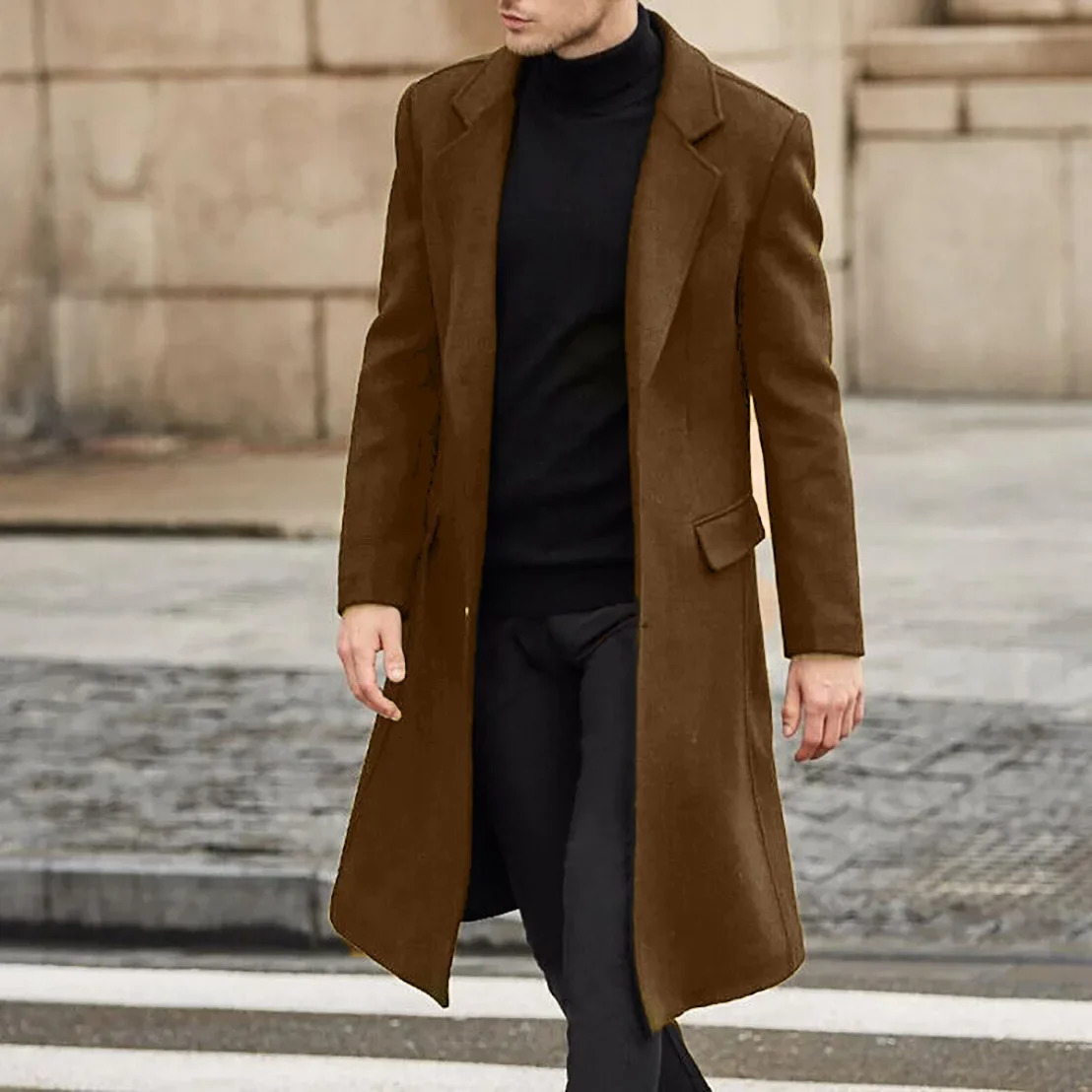 British Style Men Long Trench Coat Woolen Coat Mens Autum Winter Solid Color Warm 241112