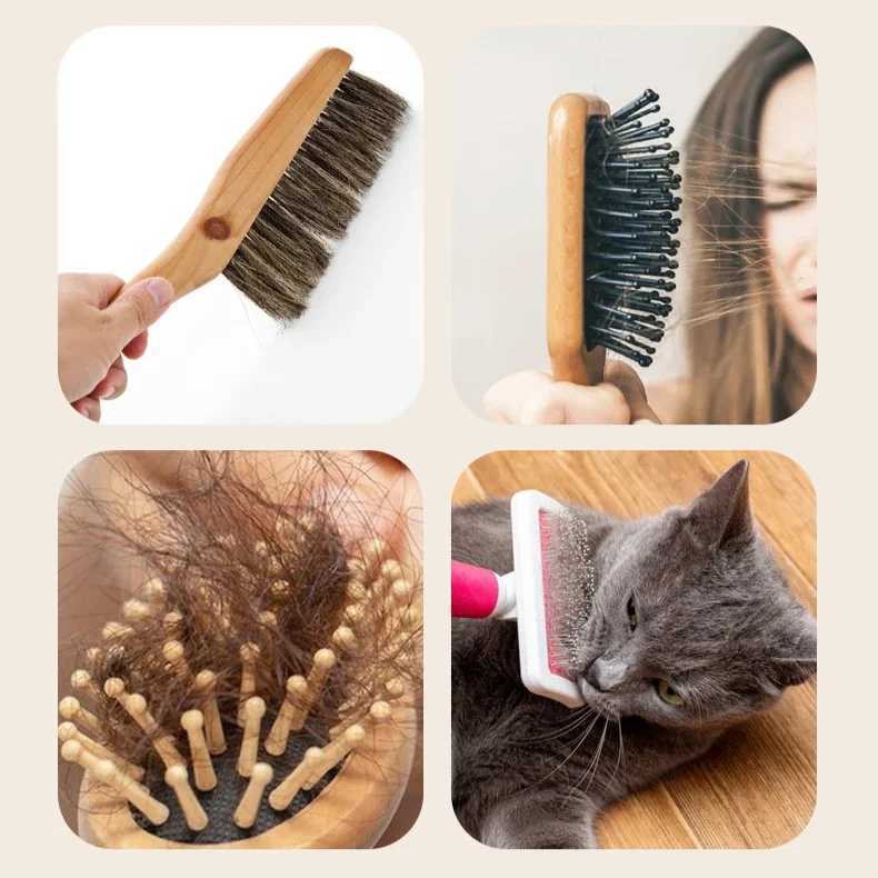 1 mini dust collector for home travel salon Rake equipped with a metal wire portable comb brush and wooden handle cleaning tool W241112