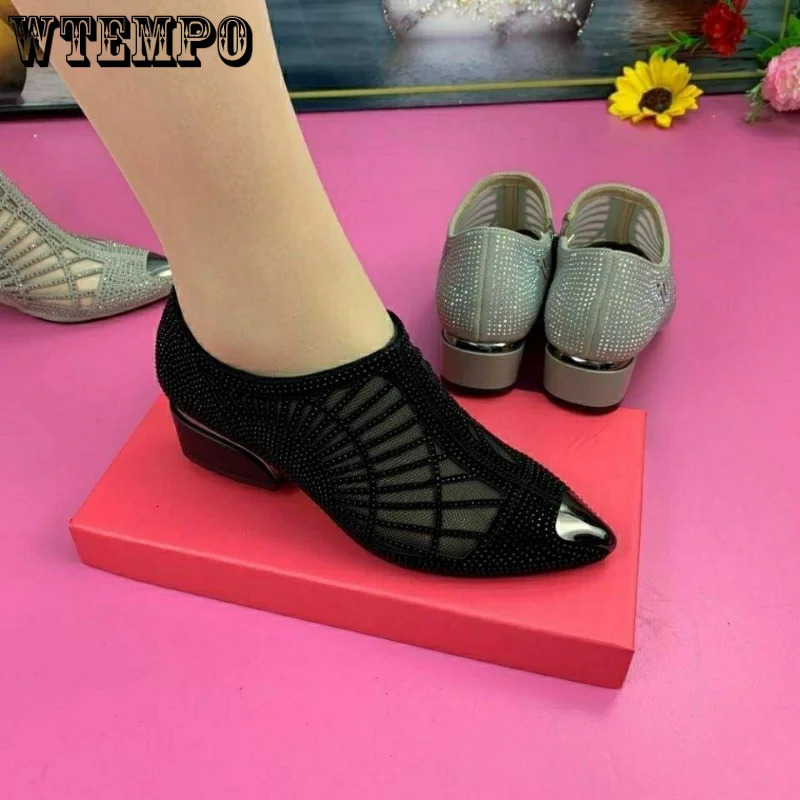 Soft leather mesh sandals hollow rhinestone toe shallow mouth slider low heeled womens boots spring and autumn 241111