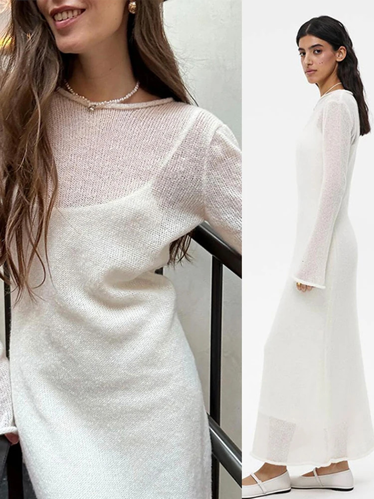 Strap Dress Set Womens Knitted Round Neck Elegant Solid Long Sleeve Womens Dress Fashion Hollow Set 2-piece Womens Dress 241112
