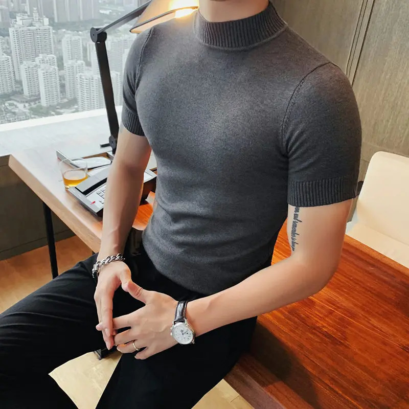 11 color autumn high-quality short sleeved knitted T-shirt for men ultra-thin solid floral casual elastic T-shirt 241112