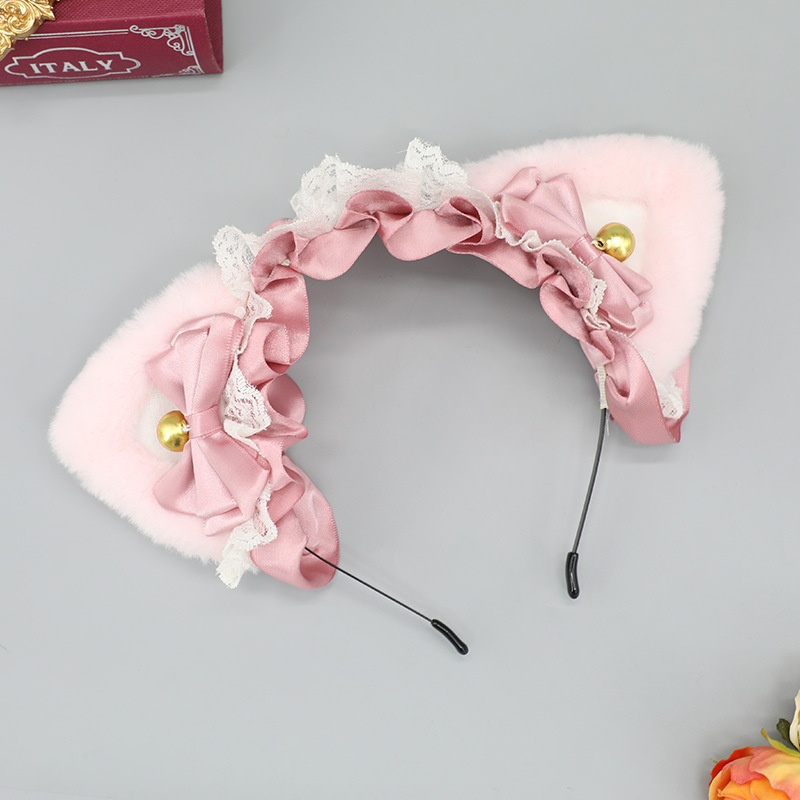 Costume Accessories Anime Lolita Cosplay Animal Cat Ear Headband Cute Plush Cat Ear Ruffled Lace Ribbon Bowknot Bell Hair Hoop Headpiece