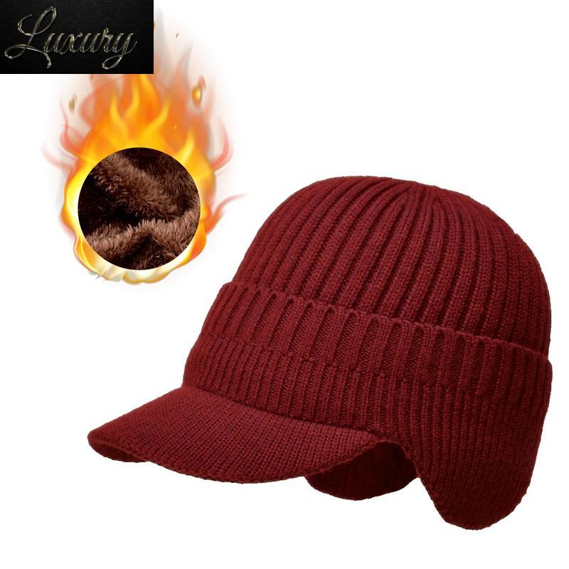 Knitted Wool Hat with Ear Muffs and Sun Visor s Men Cap 23a7d