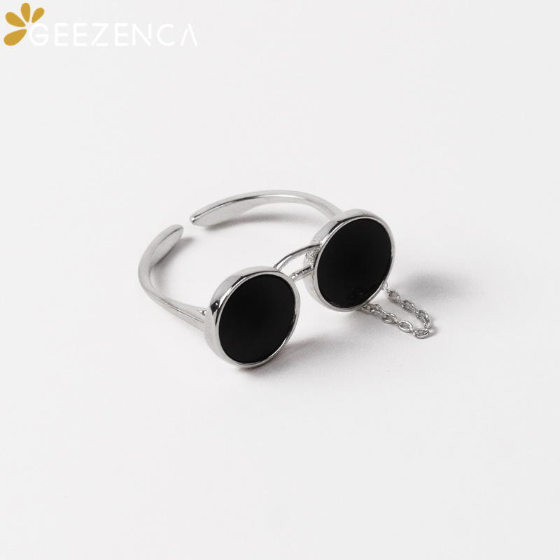GEEZENCA Sterling Sier Black Agate Sunglasses Shaped Open Ring For Women Original Design Unique Hiphop Chic Rings 2023 New caa72