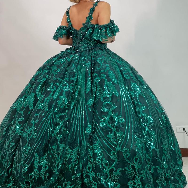 Emerald Green Shiny Quinceanera Dress Princess Lace Beads Crystal Corset Sweet 16 Girl Party Prom Gown Vestidos De 15 Anos