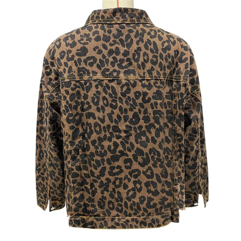 Fashion leopard print fringe hem jacket for womens casual jacket womens spring and autumn collar single breasted open denim jacket 241112