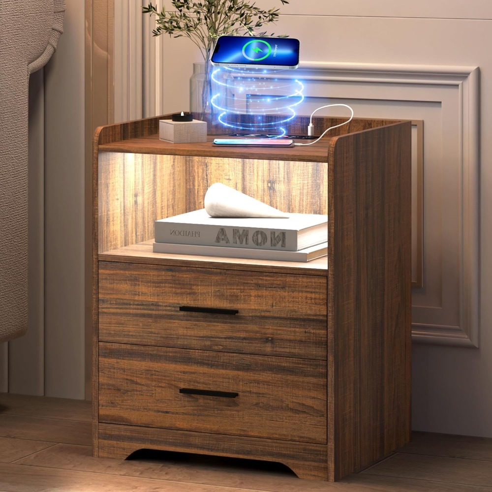 LED Nightstand with Charging Station, Smart Bedside Table with 24-Color RGB LED Lights, Charging Nightstand