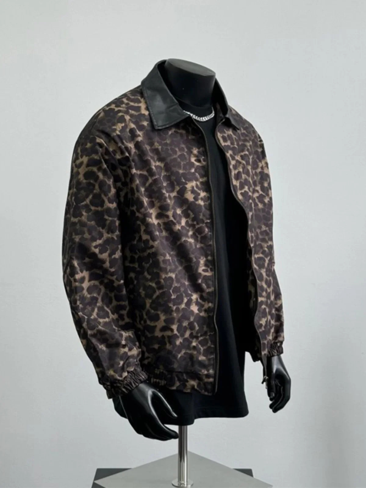 HOUZHOU Y2K Leopard Print Jacket Mens Loose Top Retro Zipper Open Coat Mens Motorcycle Coat Leather Collar Patch 241112