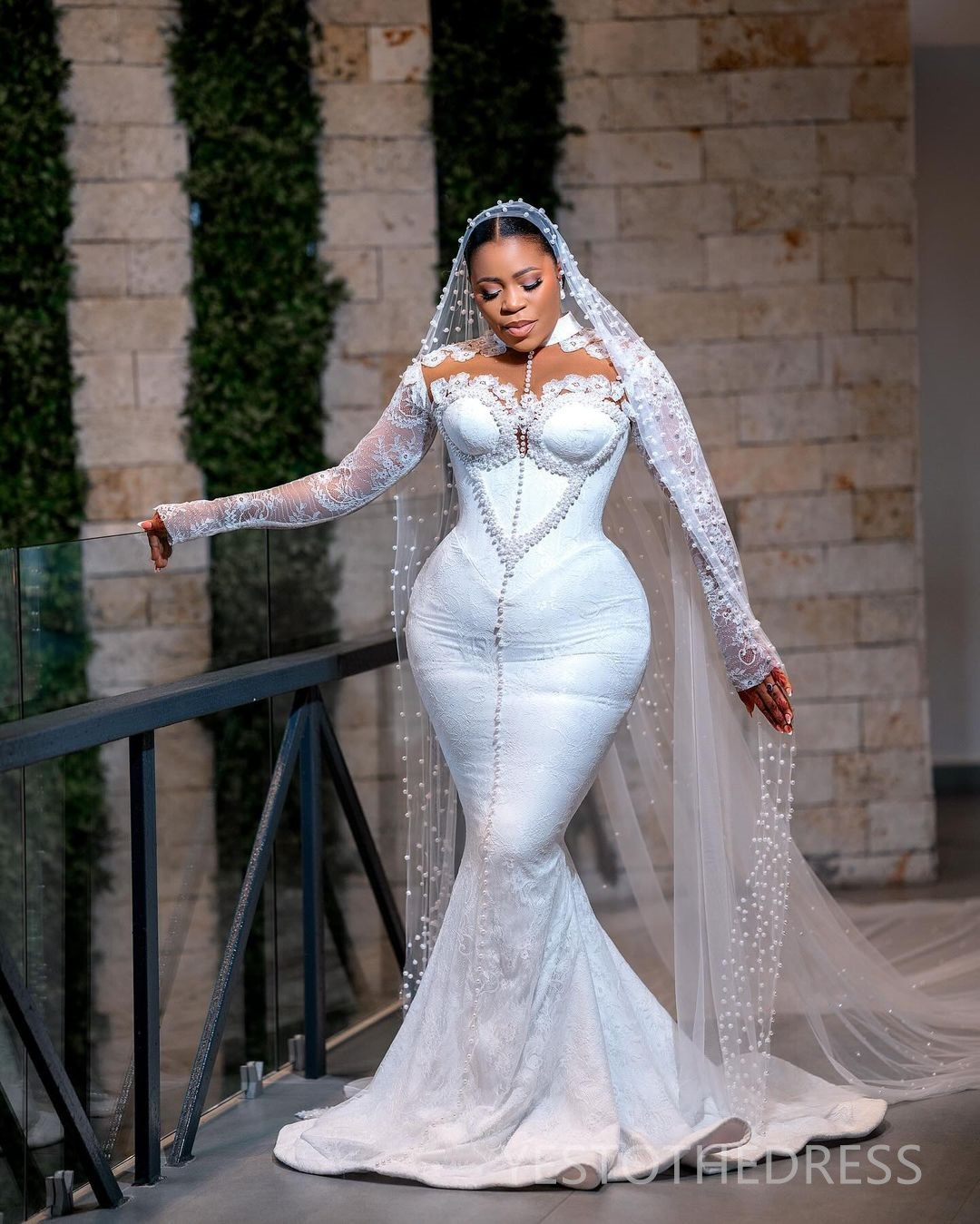 2024 African Wedding Dress Bridal Gowns Plus Size Mermaid Wedding Gowns High Neck Long Sleeves Beaded Pearls Lace Gowns For Nigeria Black Women Marria