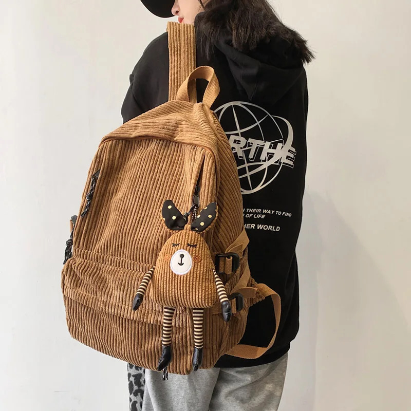 Fashion womens Corduroy backpack solid color striped Harajuku school bag teenage backpack female cute backpack Mochila 241111