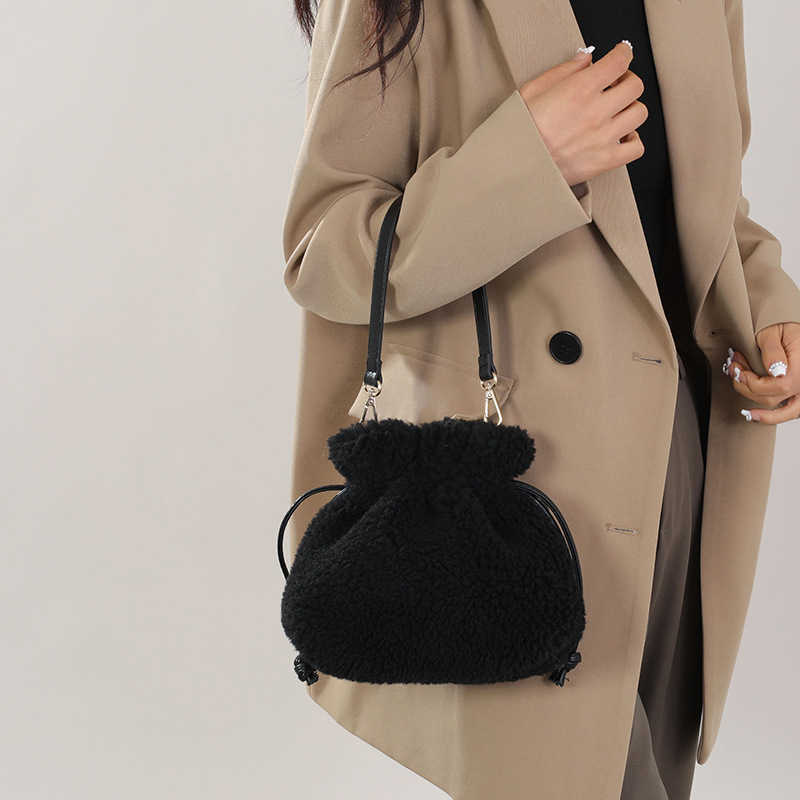 Lucky Bag Female Autumn Winter Lamb Wool Handheld Wallet Drawstring Diagonal Bucket Bags Shoulder Plush Bag Handbags 241112