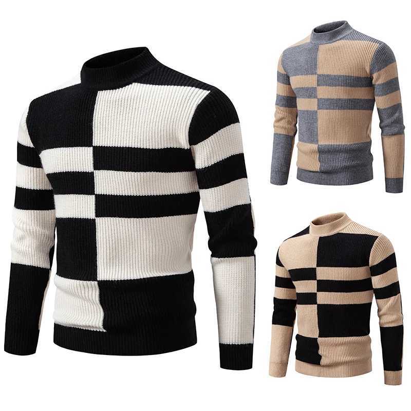 New mens black and white striped turtle neck sweater fashionable long sleeved knitted wool sweater W2411111