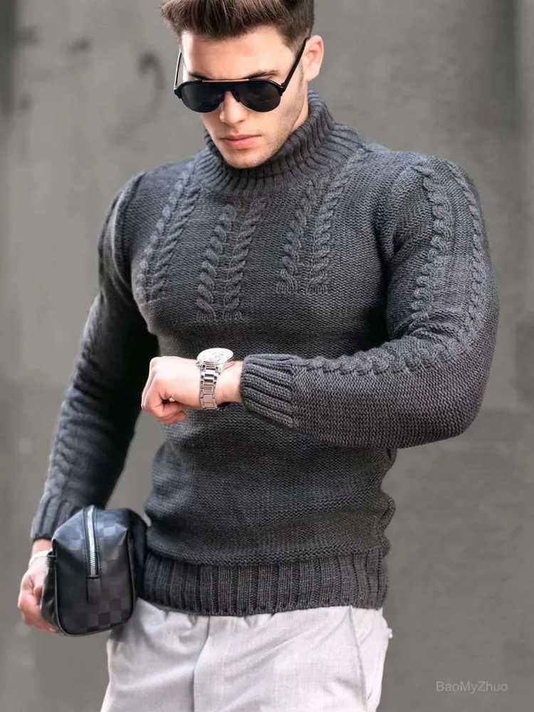 2024 autumn and winter new mens warm wool sweater trade retro mens turtle neck sweater casual pull-out oversized size W2411111